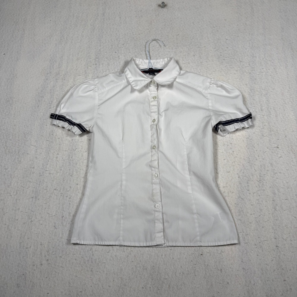 French Toast Girls White Short Sleeve School Uniform Blouse Ribbon Trim Size 10